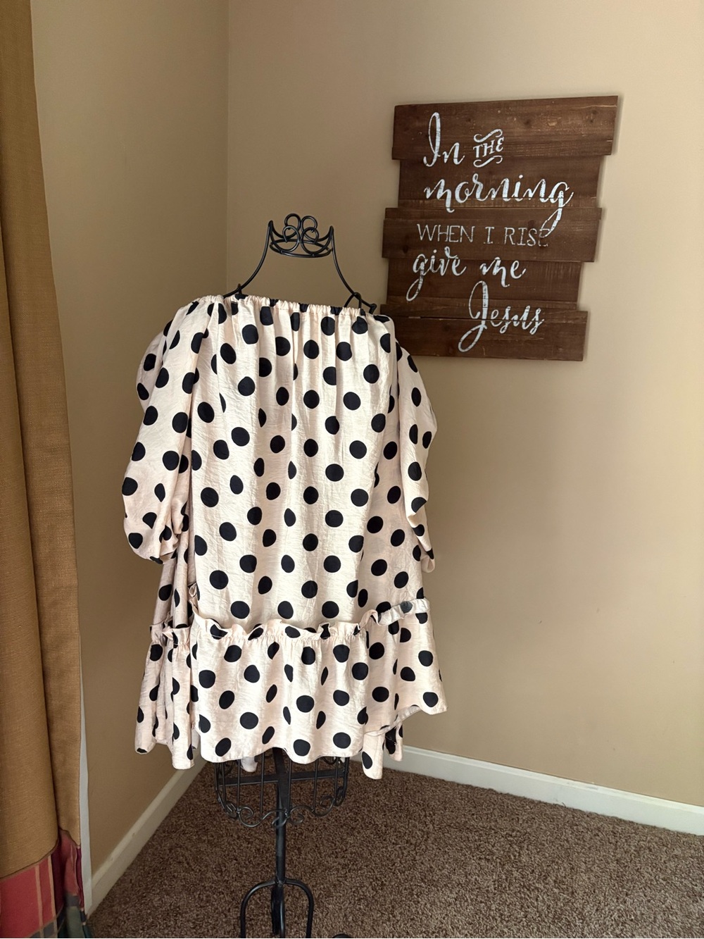 Polka Dot Puff-Sleeve Dress          Off Shoulder Cream with Black Dots - Picture 3 of 3